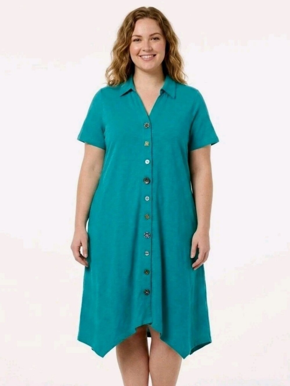 Soft Surroundings Danielle Button Dress Plus 2X Teal Cotton Boho Coastal Grandma